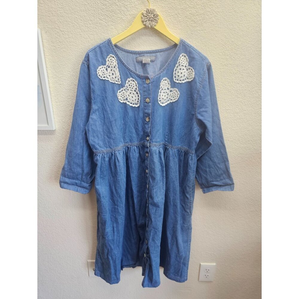 Cottagecore Chambray  Crochet Modest Button Front Dress XL